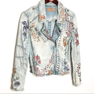 Blank NYC Floral Embroidered Moto Denim Jacket Size Medium